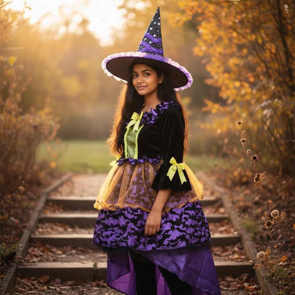 Target Kids Witch Halloween Costume Dress and Hat Set Purple Black Bat Size L